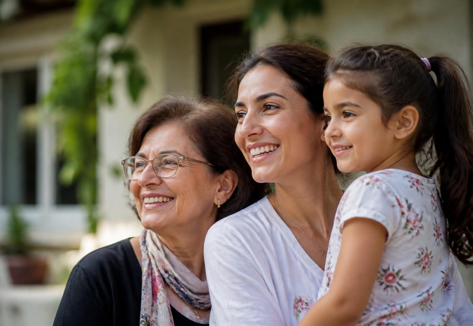 Gün ışığında birlikte gülümseyen bir aile